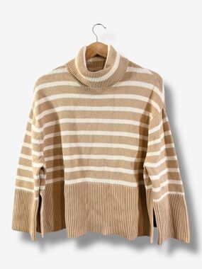 GAP Turtleneck Split Hem Sweater Size M Brown Cream Stripe Oversized Coastal